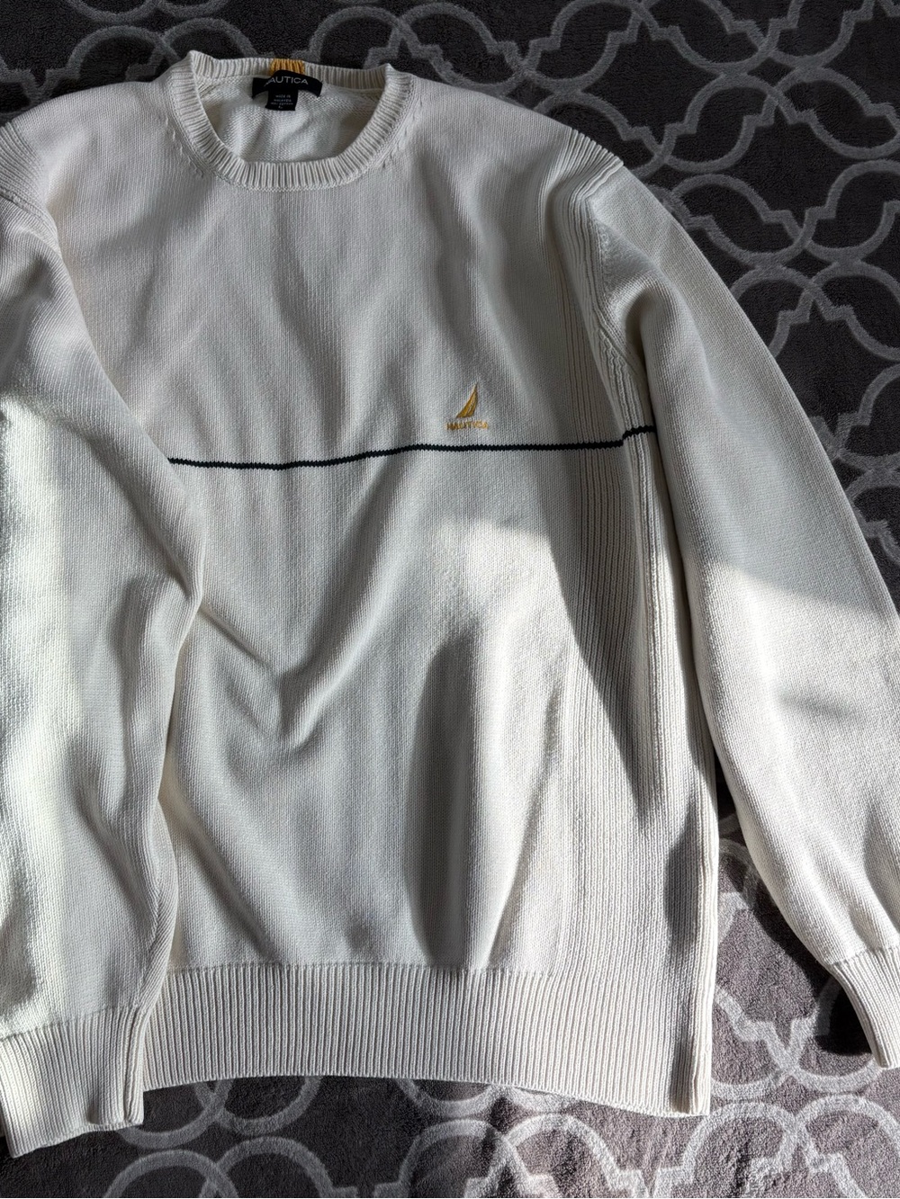 Nautica Men's Cream Crewneck Sweater - Navy Stripe and Gold signature Logo
